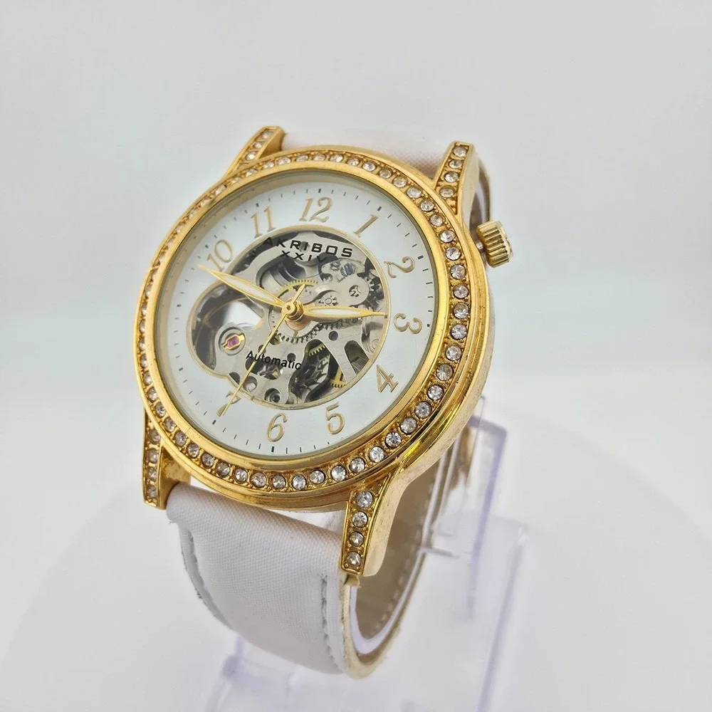 AKRIBOS XXIV Ladies Skeleton Watch Automatic Self Winding Gears Gold Plate 7.75